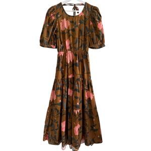 Anthropologie Conditions Apply Dress Brown Floral Maxi Open Back Puff Sleeve
